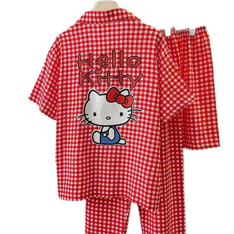 Women's Red Plaid Kitty Pajama Set - Short Sleeve & Shorts