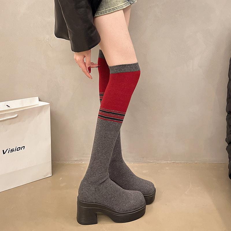 Spring and Autumn new large-size knitted knee boots, thin boots, thick-soled thick-heeled color matching elastic socks boots