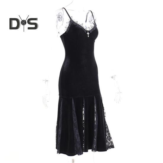 Vestito da cosplay di Halloween da donna, scollo a V, in pizzo, con spalline sottili, orlo a coda di pesce, stile scuro, gotico medievale, vintage, senza maniche, spettacolo teatrale