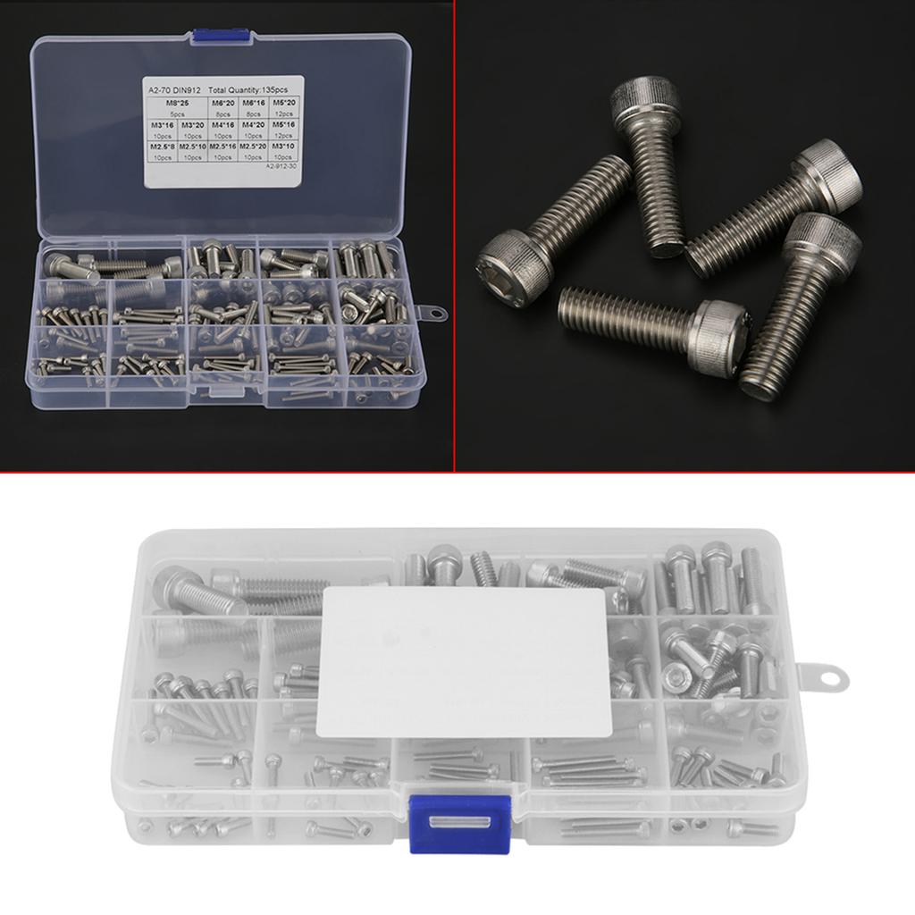 135pcs M2.5 M3 M4 M5 M6 M8 304 Stainless Steel Hex Socket Head   Screws Set, 304 Stainless Steel Hex Socket Head   Screws with Transparent Storage