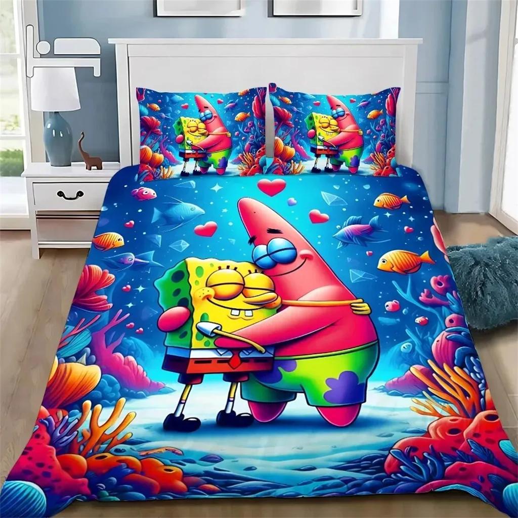 Cute Cartoon 3D Funny S-Spongebobs Duvet Cover Pillowcases Twin Full Queen King Size,Soft Microfiber Bedding Set For Kids Adults