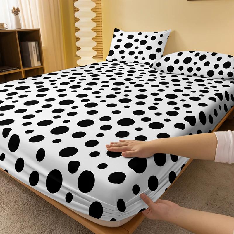 Piece 1 Of White Background Black Round Pattern Matte Bedsheet, Bedroom Printed Bedspread, Bedding Excluding Pillowcases