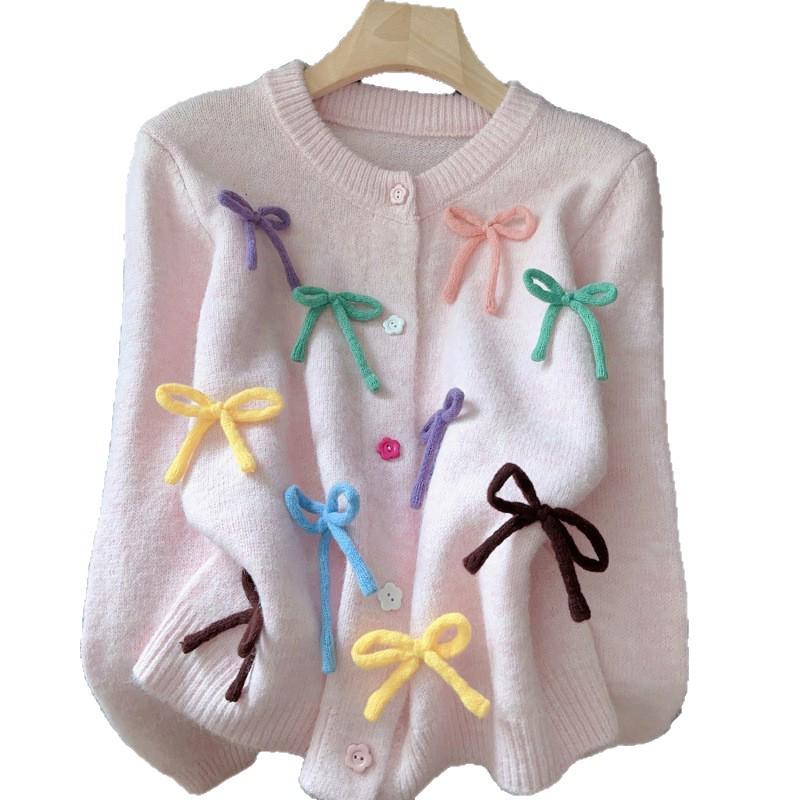 Korean Style Colorful Bow Round Neck Loose Knit Cardigan Sweater