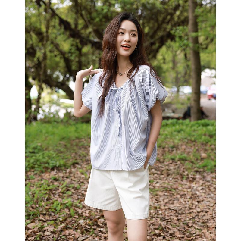 Demana Women s College Style Striped Lantern Sleeve Blouse L