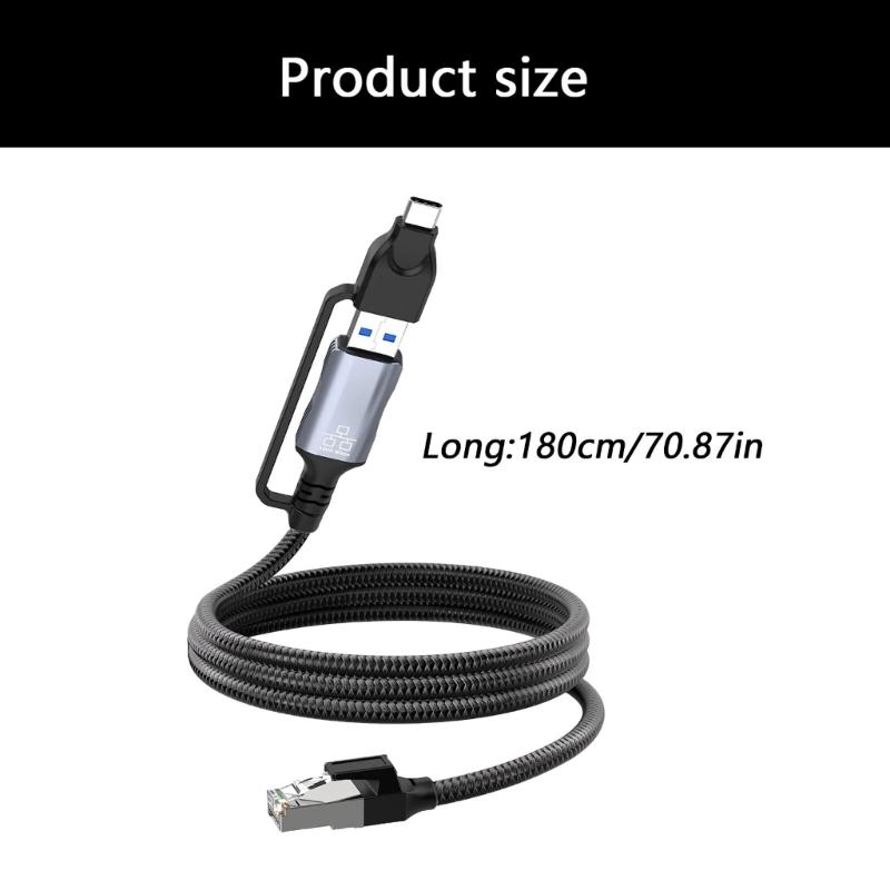Type C+USB Ethernet Cable 1.8m Braided Cord RJ45 Port Supports Gigabit Speed for Tablet PC Connection 180cm