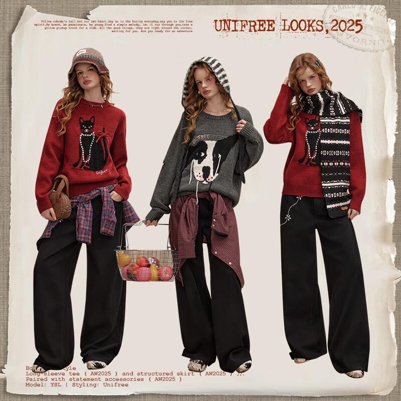 UNIFREE American Style Loose Straight-Leg Casual Pants with Rhinestone Chain