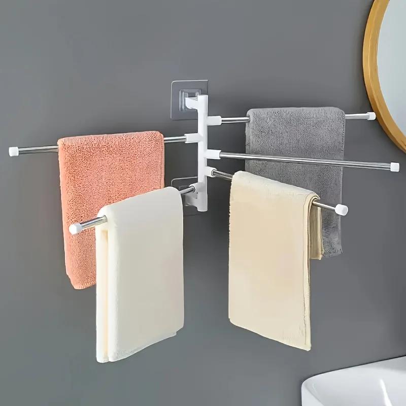 Bathroom Non Perforated Wall Mounted Rotating Towel Rack, 3rd and 5th Floor Hanging Poles, High-quality Stainless Steel Pipes