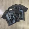 VibeStreet Streetwear Vintage Lavé Diamant Crop Top pour Homme Col Rond Manches Courtes Coupe Ample Coton Strass T-shirts Oversize