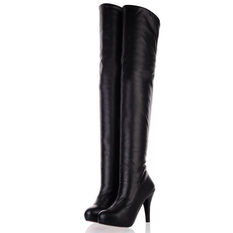 Svarte Hvite Over Kneet Lårhøye Støvletter Kvinner Vinter Festsko Tynne Hæler Elastiske Dames Lang Støvel Stor Størrelse 45 Fottøy