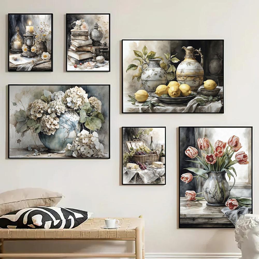 Old Retro Tones Still Life Poster Prints ForHome Decor Victorian Vintage Art Picture Flowers Fruits Canvas Painting Wall Art