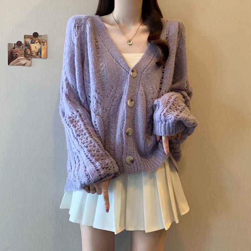 

Real Shot Plus Size Colorful Korean Chic Knit Cardigan with Lace Long Sleeves One Size світло-фіолетового кольору