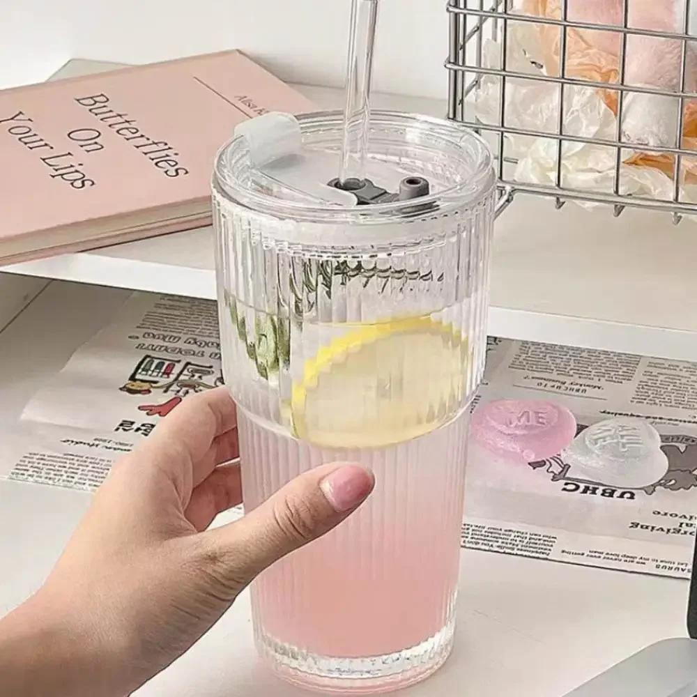 600ML Stripe Glass Coffee Cup with Straw Lid For Milk Tea Juice Breakfast Mugs Drinkware Travel Drinking Water Bottle Home Bar