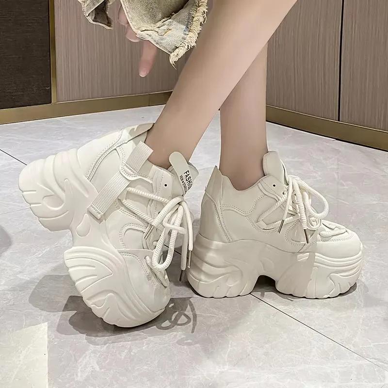Zapatillas de Moda para Mujer para Caminar Otoño con Cordones Plataforma Alta Zapatos Gruesos Zapatos de Cuero Transpirables Tacones de Cuña de Invierno Zapatos Casuales de 10.5CM