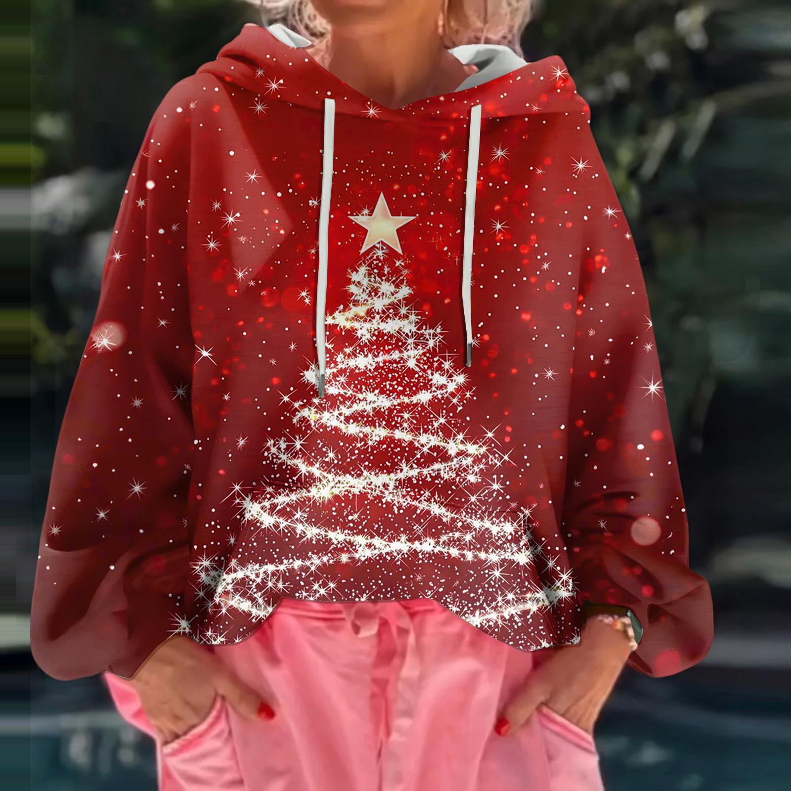 

Женский рождественский свитшот с капюшоном, свободного кроя, с длинными рукавами и принтом XXL красный