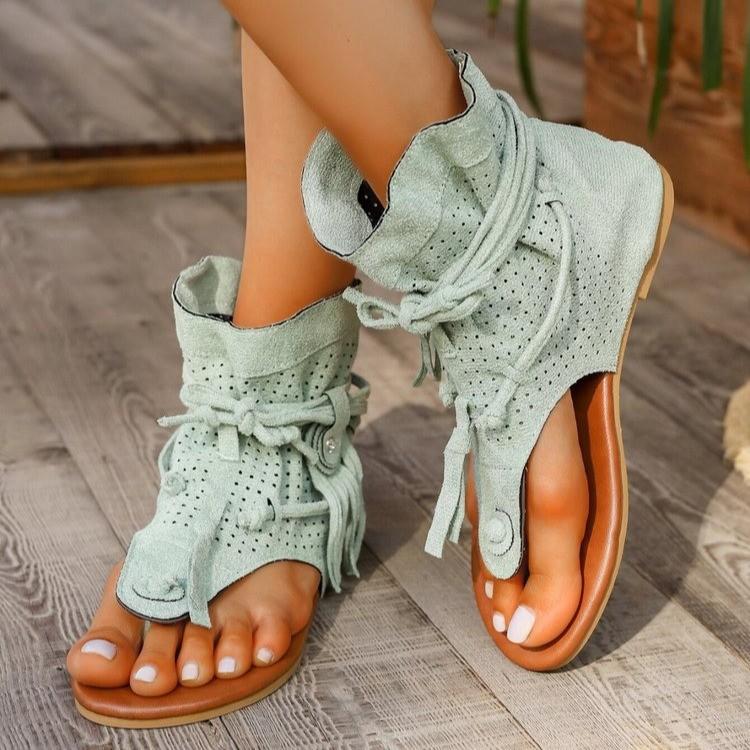 Women's Sandals European American Retro Flat Bottom Tassel Hollow Toe Womens Sandals Fashion High-top Cool Boots Sandalias Mujer