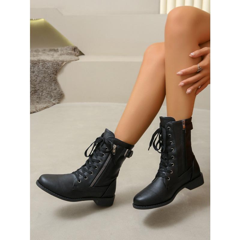 Martin Boots Autumn and Winter Flat Large Size Belt Buckle Low Heel Short Boots Women