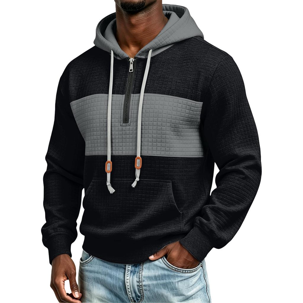 Men's Knit Half Zip Hoodie Casual Color Block Winter Pullover