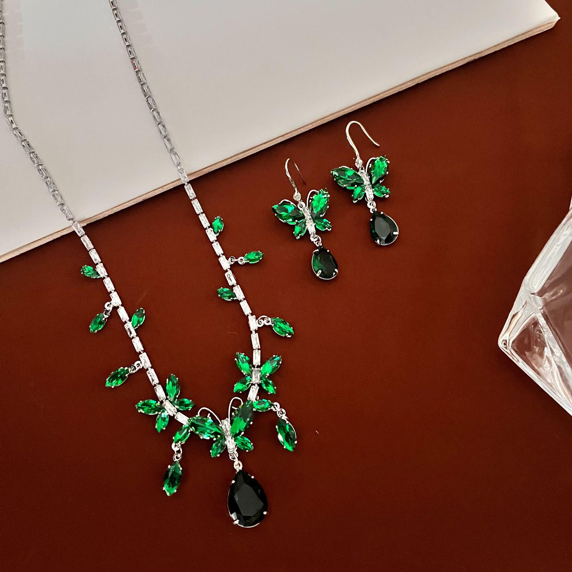 European  American Style Zircon Yellow Butterfly Necklace  Earrings Set for Women