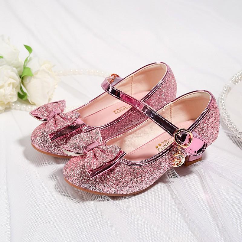 Girls Glitter Bow High Heel Princess Shoes Kids Party Crystal Performance Dress