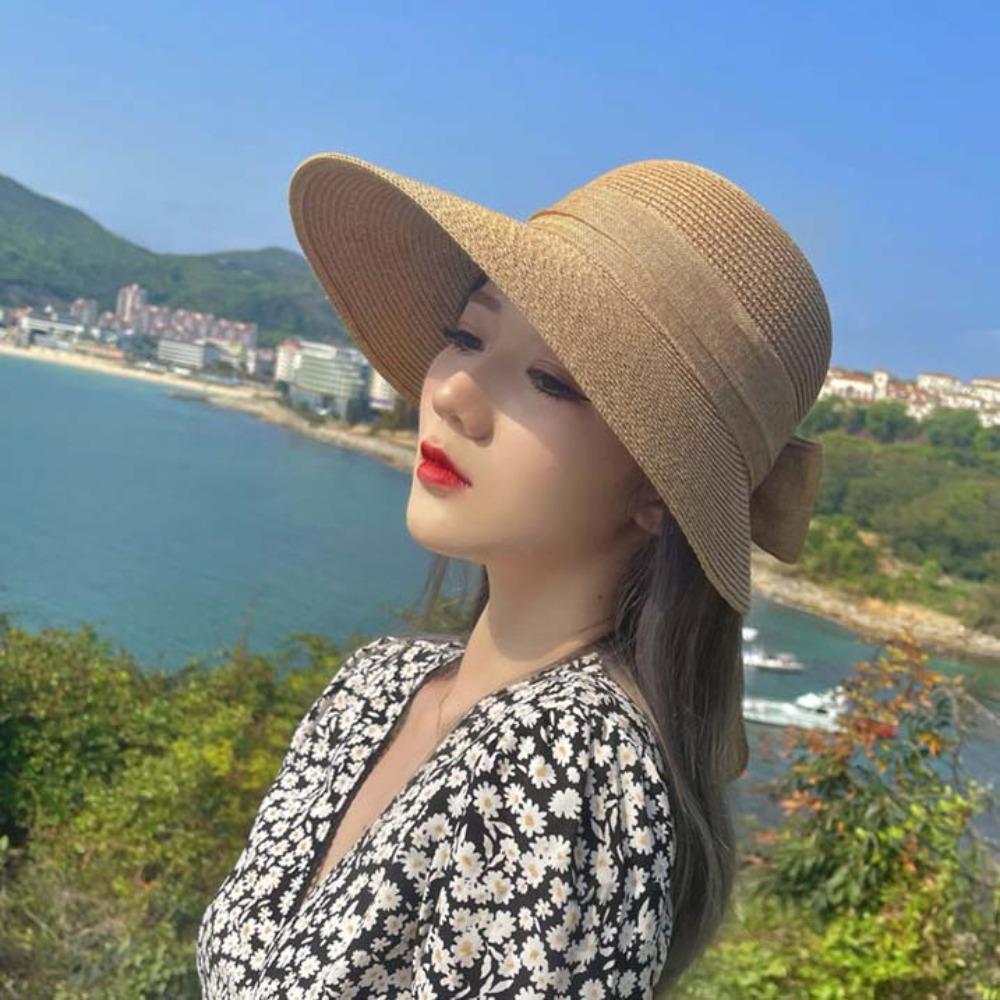 Hollow Out Big Brimmed Woven Cap Breathable Bow Fisherman Cap Foldable Bucket Hat Sport