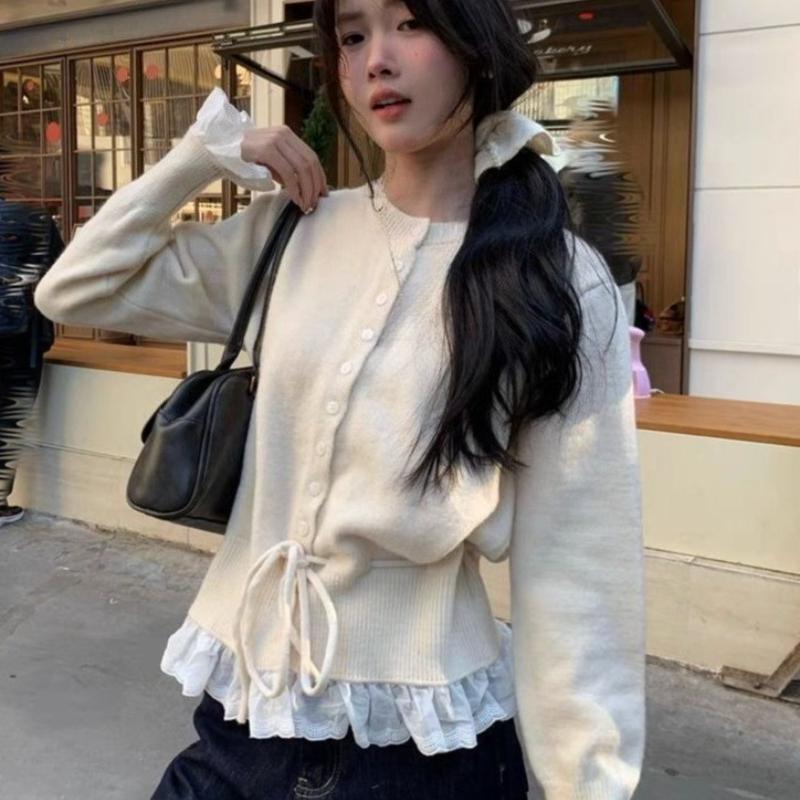 Ruffled Patchwork Women's Cardigan Solid Color Round Neck Waist Drawstring Long Sleeved Knitwear Korean Version New Style Sweet Lady Top