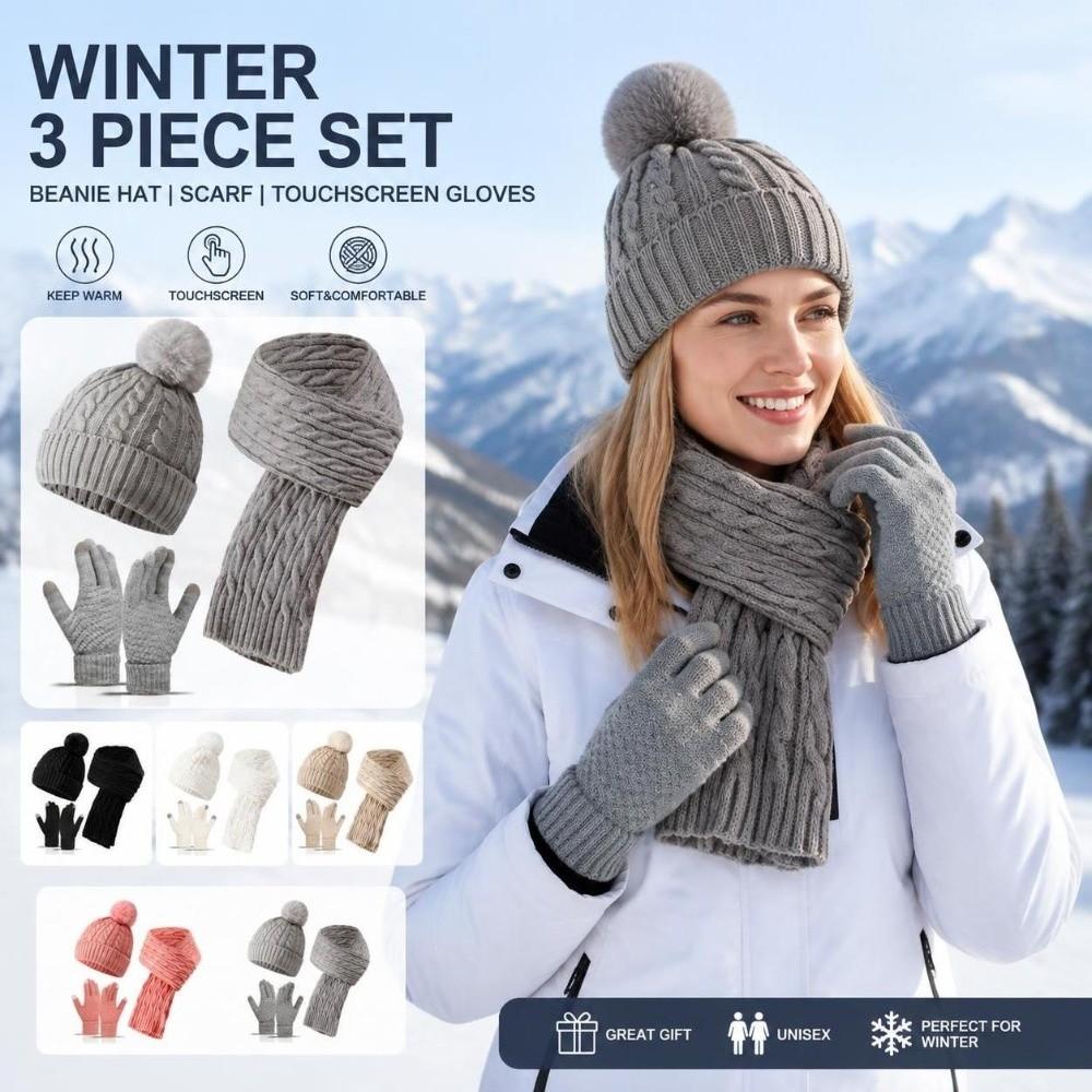 3Pcs/Set Windproof Knit Beanie Snood Set Thicken Scarf Neck Warmer Suit for Men Women