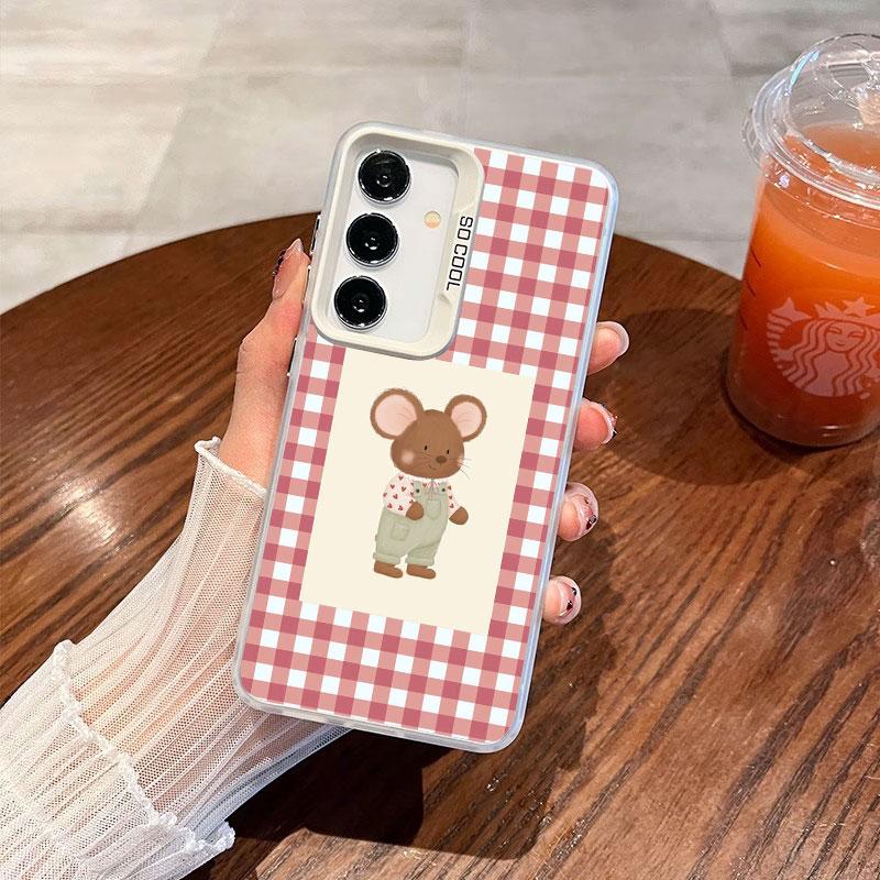 For Samsung Galaxy S24 S23 Ultra Plus FE S25 S22 Ultra Plus S21 FE Laser Phone Case Checkered Grid Cute Animals Pattern Covers