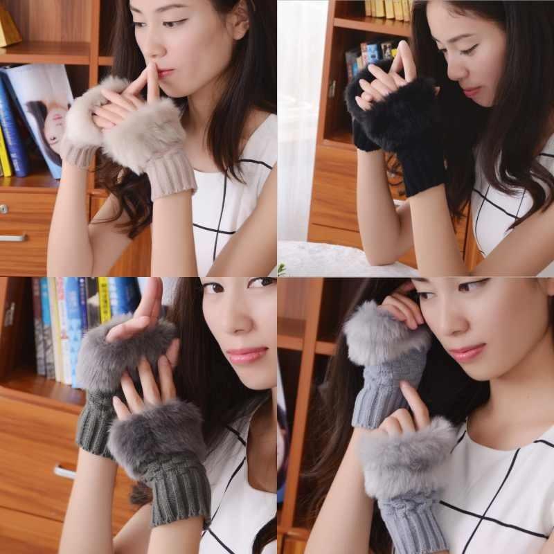 Solid Color Plush Knitted Half Finger Gloves Thickened Warmth Gifts Fashion
