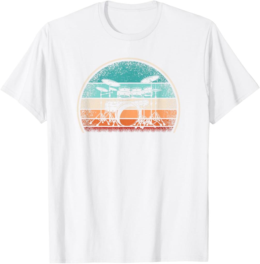 Retro Drum Set Drummer Vintage Sunset Graphic Tee Casual Cotton T-Shirt for Music Lovers