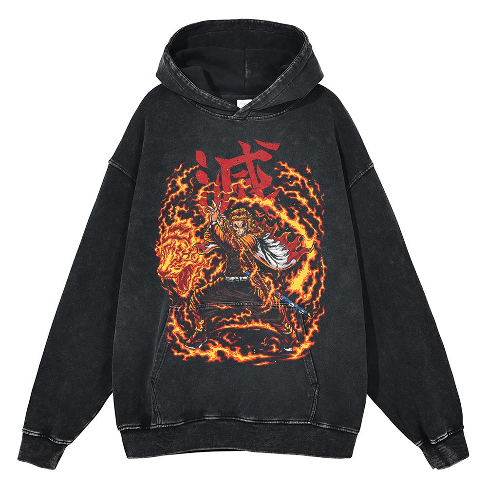 Japan Anime Demon Slayer Rengoku Kyoujurou Graphic Washed Hooded Men Manga High Quality Hoodies Harajuku Male Cotton Sweatshirt
