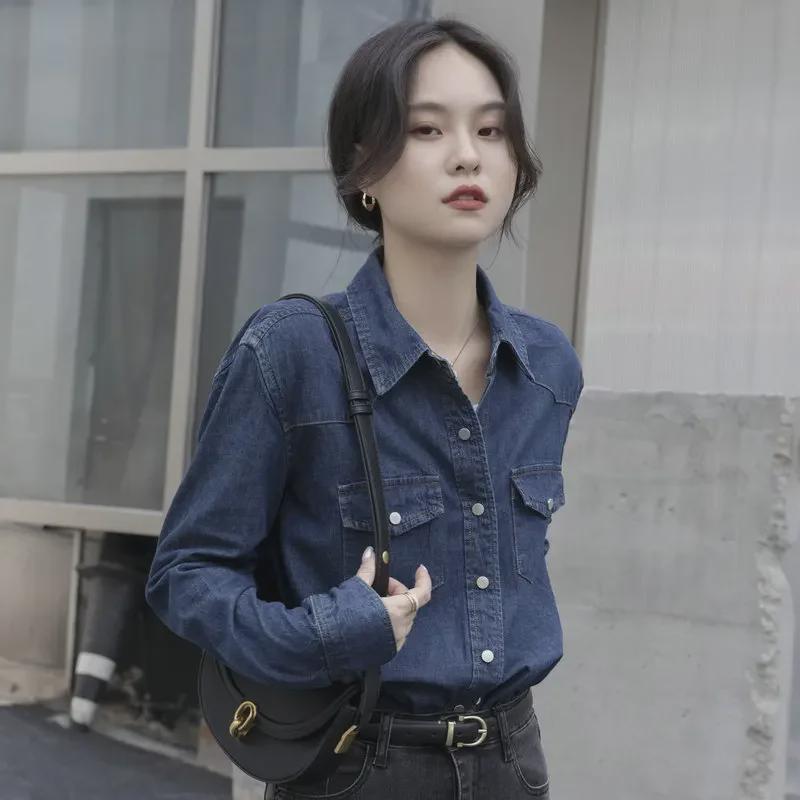 Women's Dark Blue Retro Denim Shirt Jacket – Small Size, Straight Shoulder, Perfect for Layering In Spring, Autumn, and Winter.