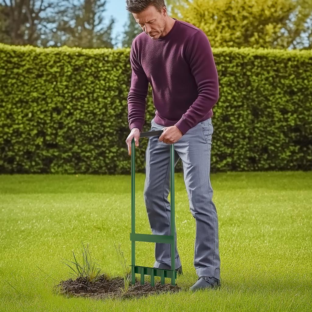 Manual Lawn Aerator, 5 Hollow Prongs, Non-Slip Handle, Dark Green
