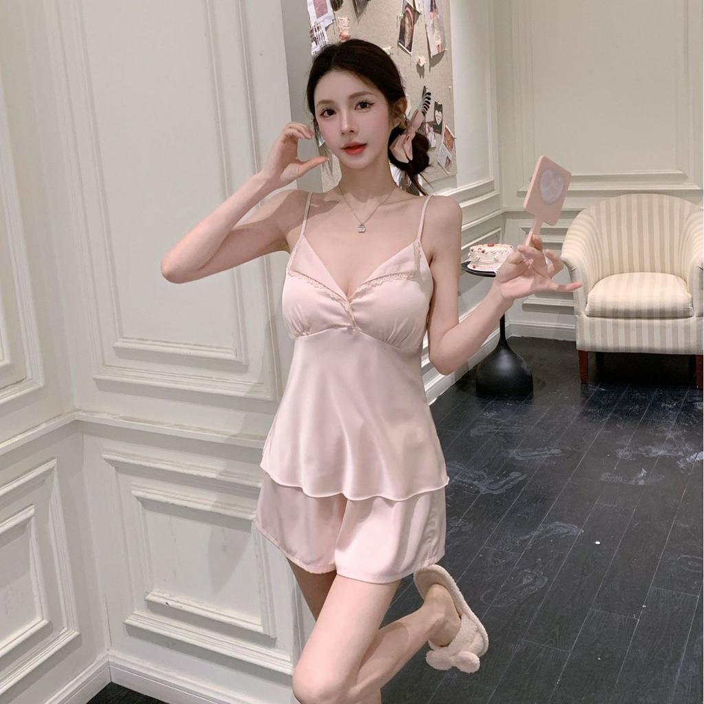 Ice silk suspender shorts pajamas women's summer sexy pure wind girl loungewear suit with chest pad silk pajamas