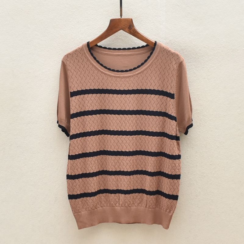 

Summer Thin Qu Zhu Stripe Plus size women clothing Pullover round Neck Short sleeve Top All-Matching Knit Light Caramel Bust size 90cm