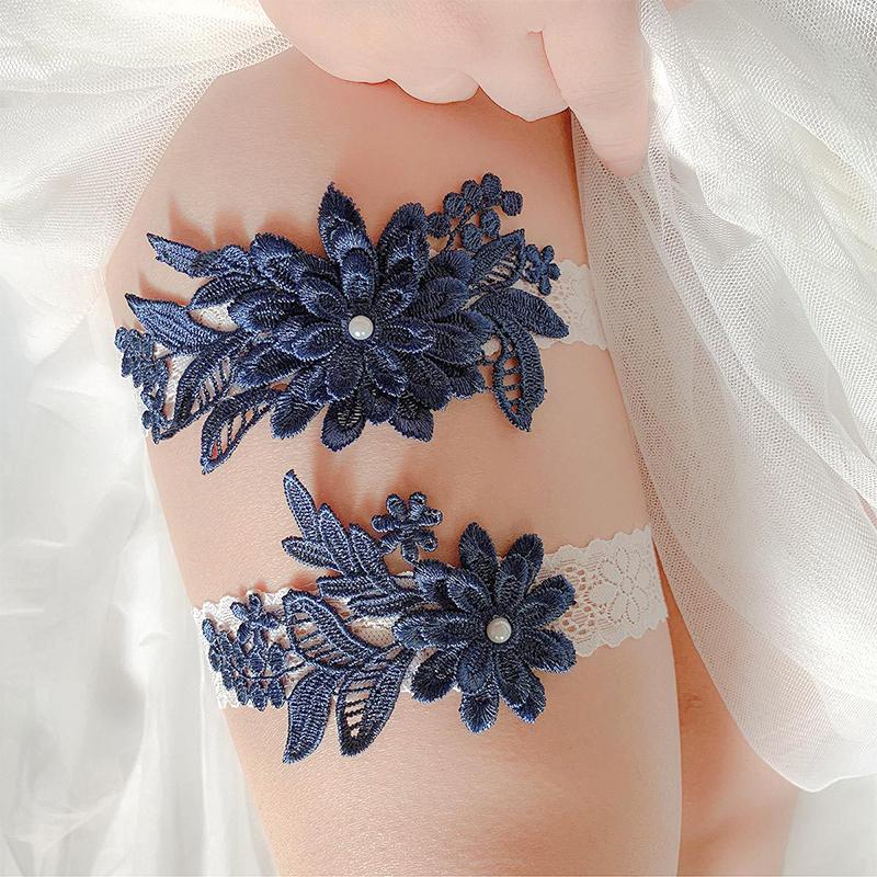 2 Stück/Set Braut Hochzeit Strumpfband Marineblau Weiß Stickerei Sexy Strumpfbänder Frauen/Weiblich Oberschenkelring Braut Spitze Beinring Schleife