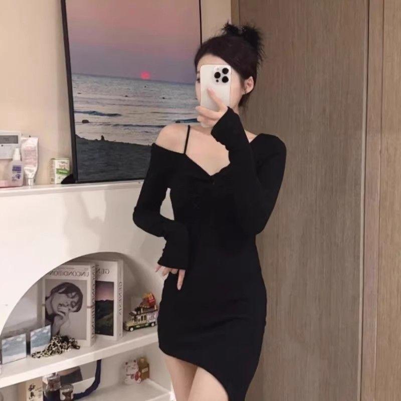 Sexy Black Skinny Dress Long Sleeve Autumn Collar Dew Spice Girl Skinny Waist Irregular Short Skirt Bottom Skirt