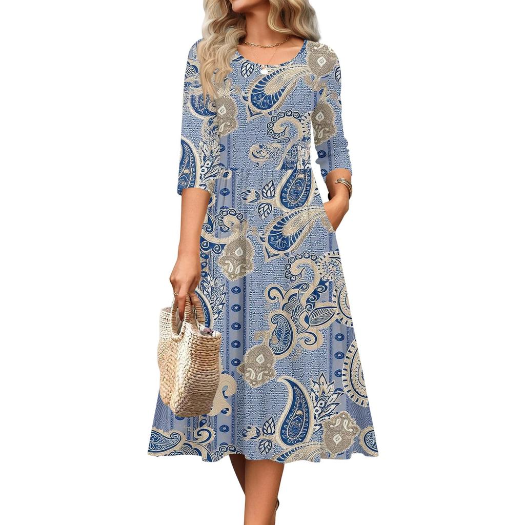 Dámské šaty s 3/4 rukávem, ležérní, splývavé, áčkového střihu, midi tričkové šaty s kapsami, kulatý výstřih, na dovolenou, boho, plážové letní šaty