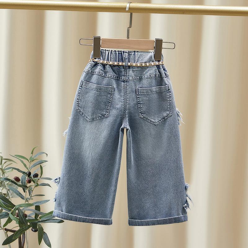 2025 Spring/Autumn Toddler Girls' Wide-Leg Loose Jeans with Frayed Hem, Korean Style