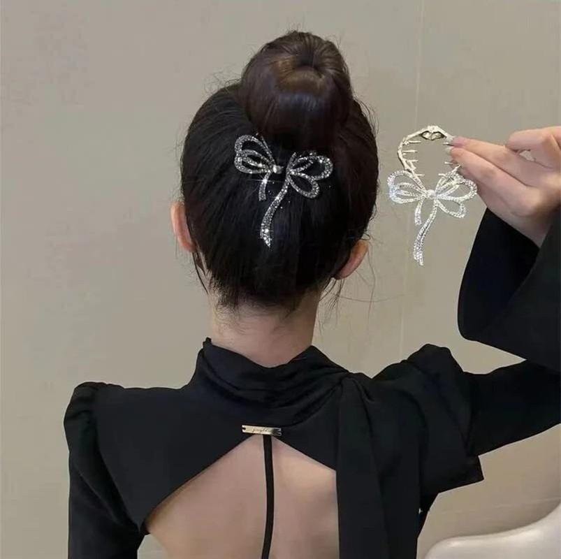 Korean Rhinestone Bow Hair Claws Ponytail Buckle Retro Bun Hair Clip Hairpin Women Barrettes Ponytail Holder Hair Accessories