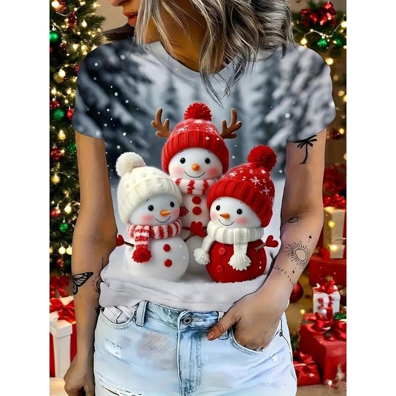 Christmas Gradient Reindeer 3D Print Pattern Women's T-shirt Fashion Christmas Party Round Neck Casual Holiday T-shirt Clothing