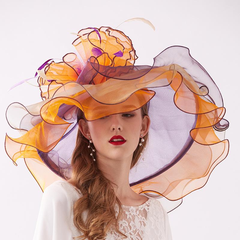

Органза Кентуккі Дербі Fascinators Капелюхи для жінок Широкі поля Сонцезахисні капелюхи Квіти Елегантне весілля нареченої Федори для церковної вечірки Adjustable
