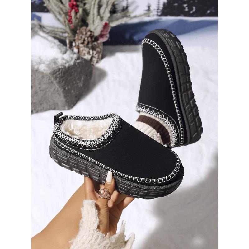 2025 Winter Platform Cotton Slippers Women's Plus Size Muffins Fleece Warm Lace Lazy Toe Slippers