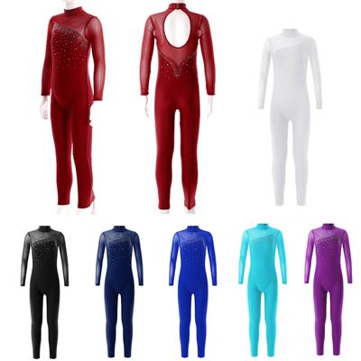Detské dievčatá s dlhým rukávom z jedného kusu lesklé kamienkové unitard celotelový tanečný trikot bodysusit
