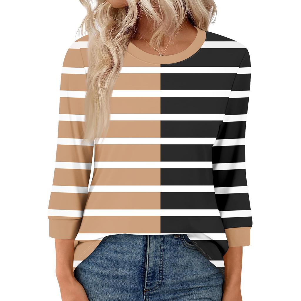 Women's Fashion Casual Seven Sleeve T-Shirt Print Round Neck Top