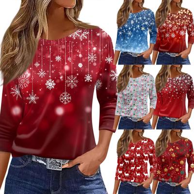 Women's T Shirt Christmas Print 3/4 Sleeve Daily Weekend Fashion Basic Round Neck Regular Top