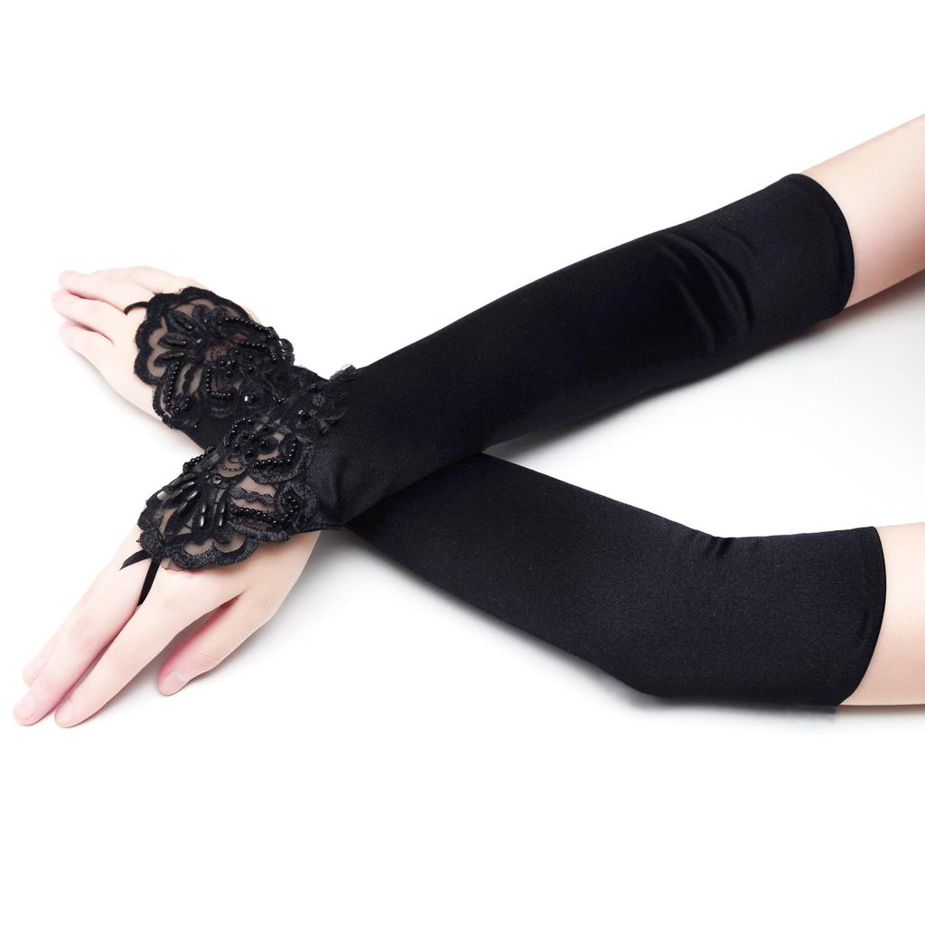 Braut Hochzeitskleid Handschuhe Verlängert Fingerlos Kleine Stickerei Flach Beige Schwarz Rot Handschuhe