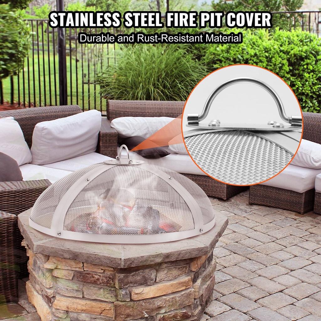 Fire Pit Spark Screen Round 27", Reinforced Heavy Duty Steel Metal Cover, Outdoor Firepit Lid, Easy-Opening Top Screen Covers Round with Ring Handle
