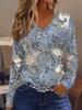 Women's Elegant V-Neck Marble Print Long Sleeve T-Shirt Soft Polyester Great for Autumn and Winter Casual Wear Floral Print Tops