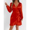 Women Satin Royal Blue Wrap V Neck Ruffle Hem Long Sleeve Mini Dress