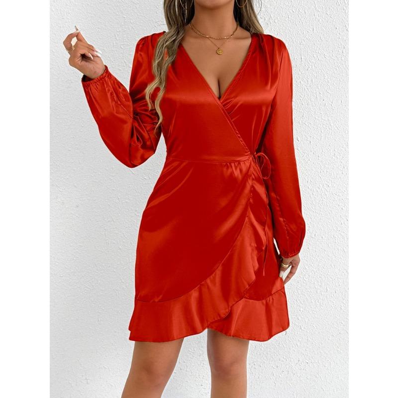 Women Satin Royal Blue Wrap V Neck Ruffle Hem Long Sleeve Mini Dress